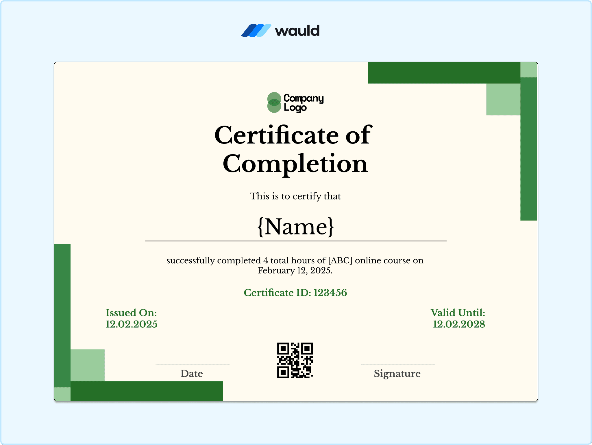 Cream certificate of completion template with green triangle corner accent