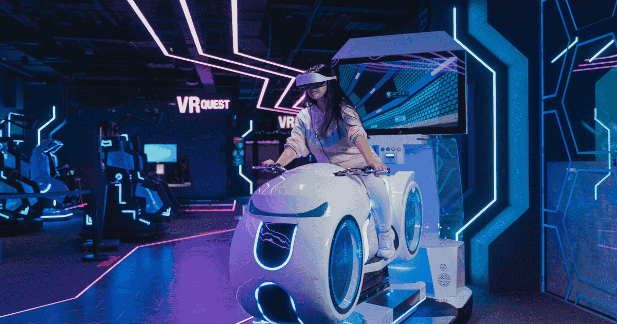 Woman experiencing augmented reality for events using a futuristic VR bike in a neon-lit immersive space