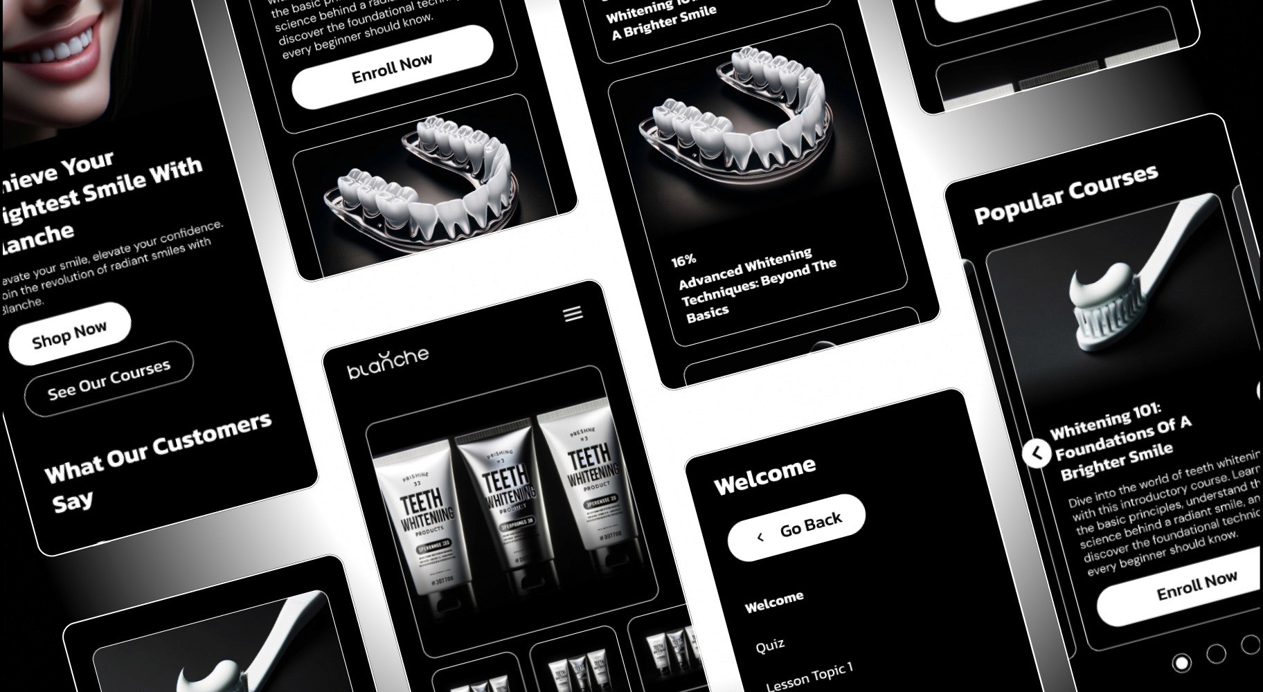 A collection of mobile screens from the Blanche website displaying teeth whitening courses and products. Featured items include whitening trays, teeth whitening gel, and popular courses like 'Whitening 101: Foundations of a Brighter Smile' and 'Advanced Whitening Techniques.' The screens also highlight customer testimonials and product categories for purchasing.