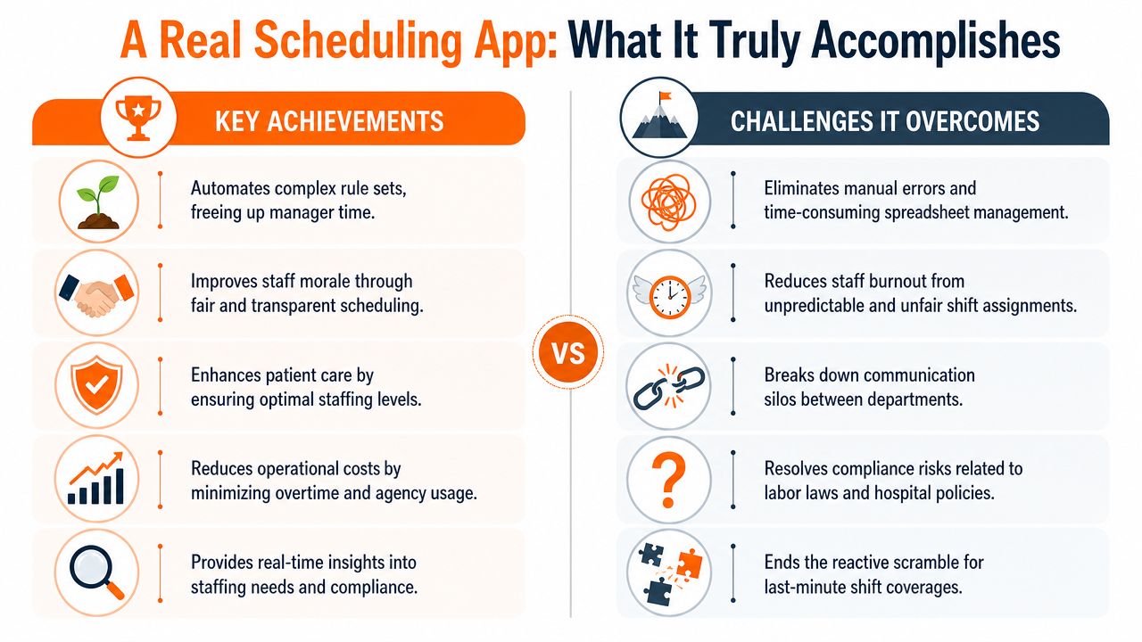 A comparison chart showing key achievements versus challenges overcome by a real hospital staff scheduling app.