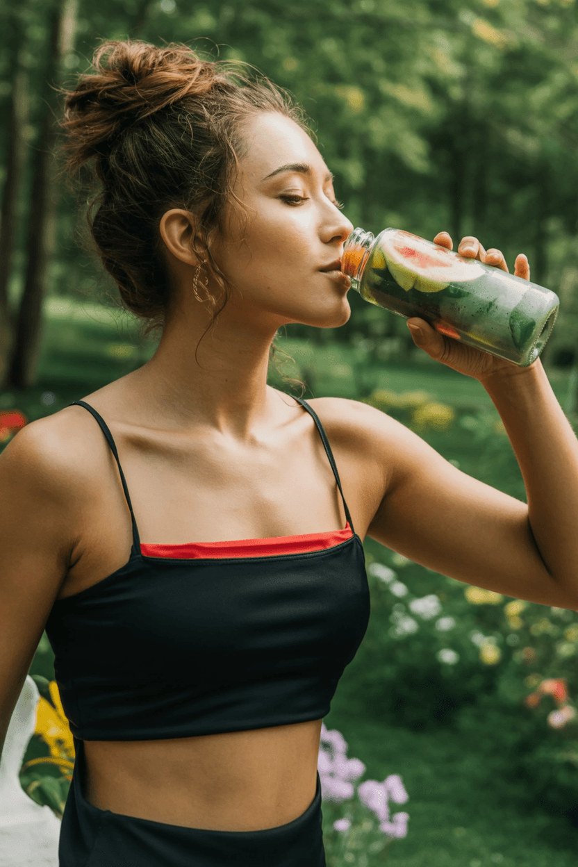 Woman performs yoga stretch on green mat in sunlit studio.