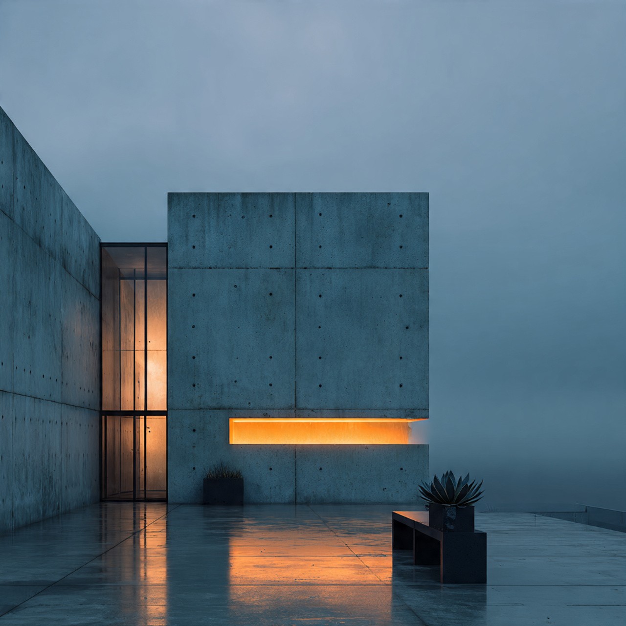 Modern concrete building with a minimalist design at dusk. Soft warm light glows from the door and horizontal slit. A potted plant and bench add subtle accents.
