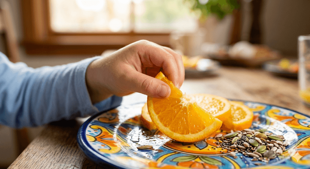 : A close-up, vibrant macro shot of a child's hand picking up a bright orange slice or a handful of healthy seeds from a colorful plate. The focus is on the freshness and vitality of the food. Soft, natural morning sunlight, conveying health and nourishment.