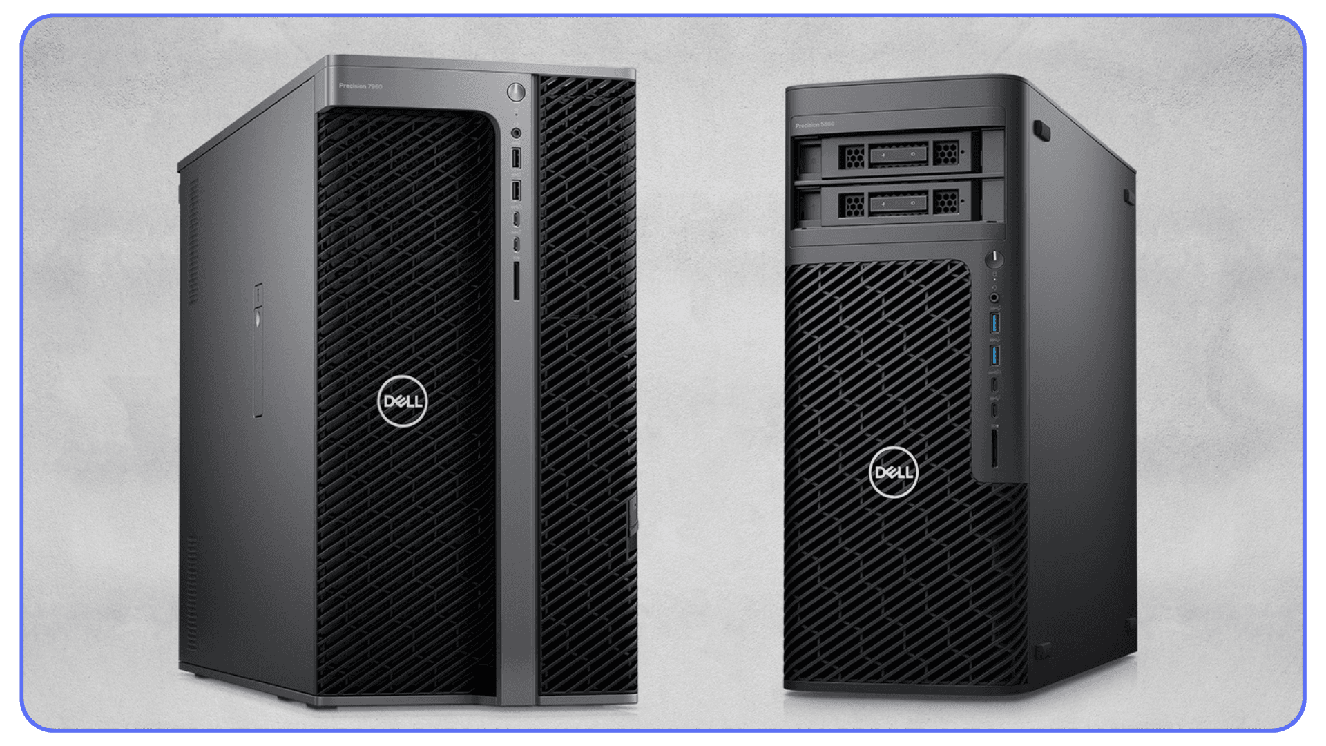Two Dell Precision tower workstation PCs shown against a light gray background.