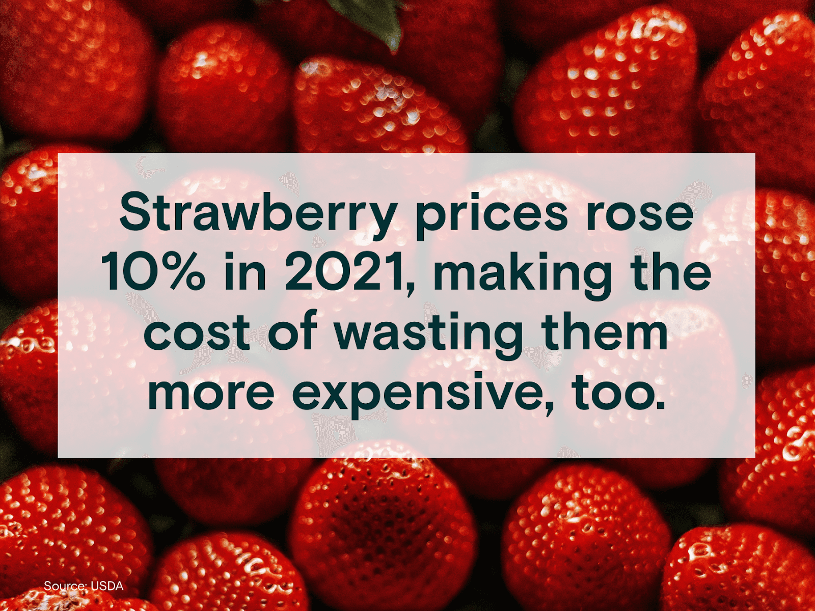 Red strawberries with a white text box on top: Strawberry prices rose 10% in 2021, making the cost of wasting them more expensive, too.m