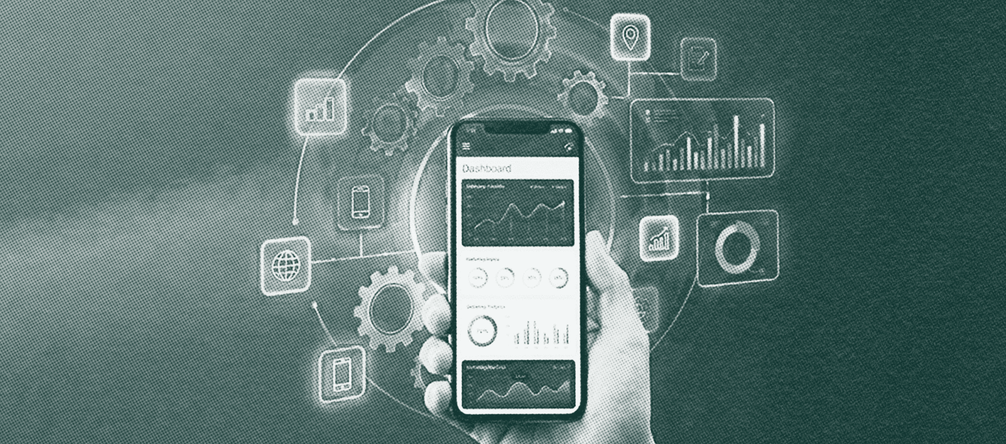 Smartphone dashboard with floating analytics and automation icons