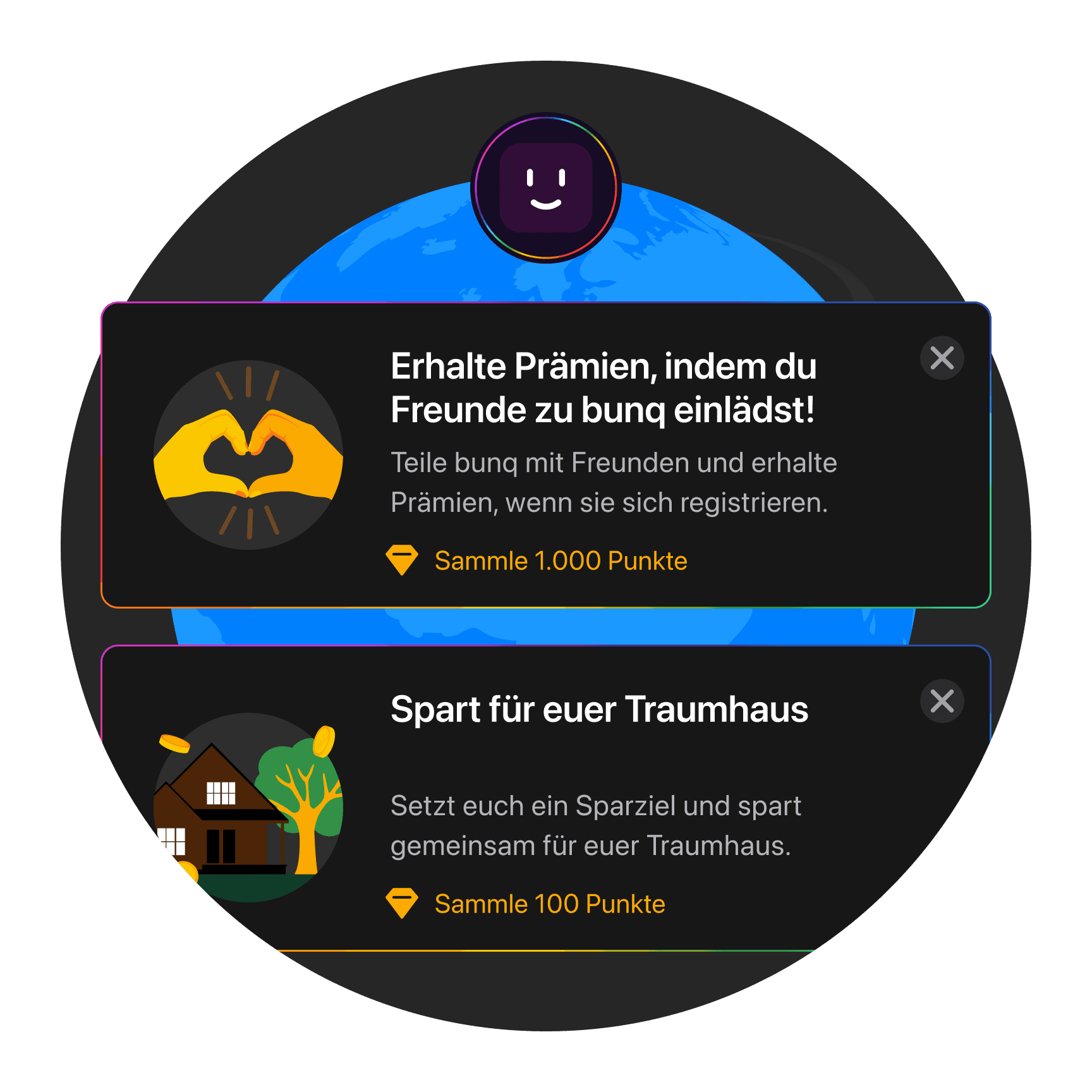 Image shows two circular icons with texts about earning rewards by tracking habits and completing tasks.