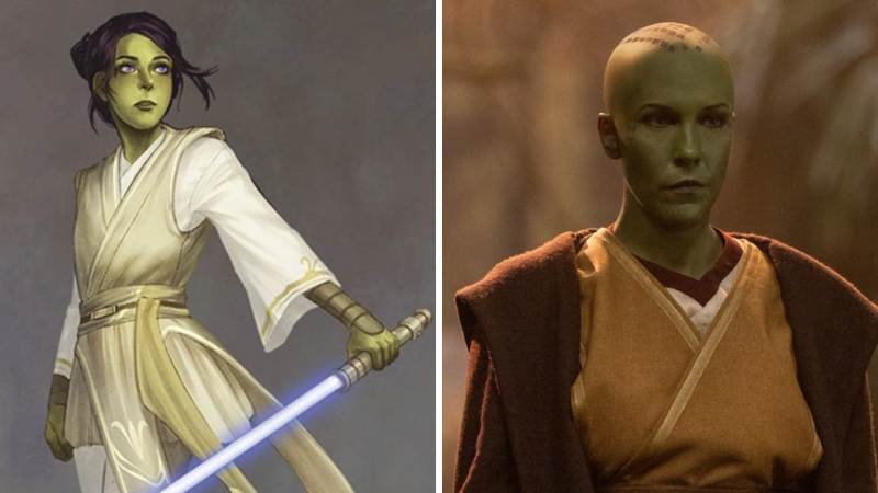 Jedi Vernestra Rwoh as seen in concept art (left) and live action (right), portrayed by Rebecca Henderson.