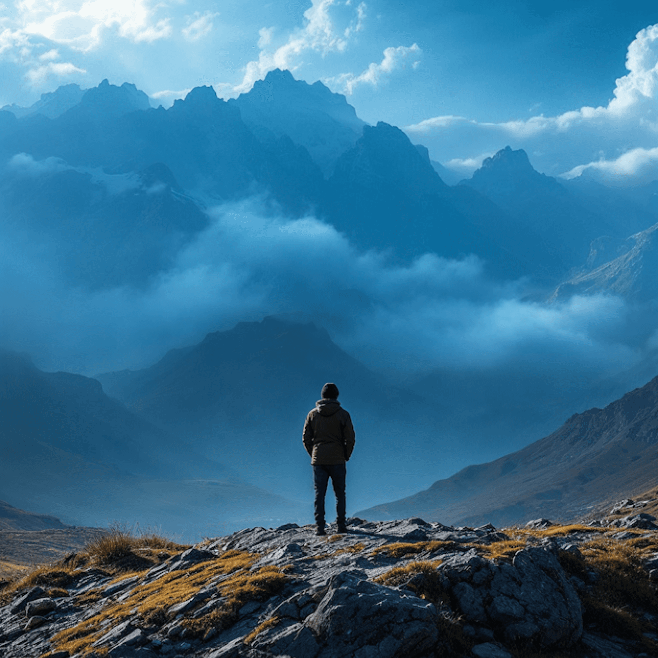 Lone hiker standing on a rocky mountain trail with dramatic misty peaks in the background