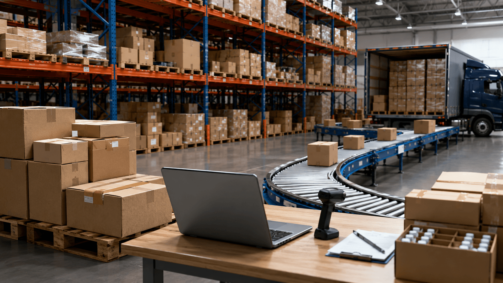Armazém industrial moderno com estética 3D realista, prateleiras altas cheias de caixas organizadas, esteiras logísticas automatizadas e área de separação de pedidos integrada a um laptop e leitor de código de barras. Ambiente amplo, limpo e profissional, com foco em operação atacadista, logística e gestão de pedidos em grande escala. Ao fundo, caminhão sendo carregado na doca, reforçando o contexto de distribuição B2B e operação complexa de e-commerce atacadista. Sem pessoas, sem texto, iluminação cinematográfica suave e composição horizontal 16:9.