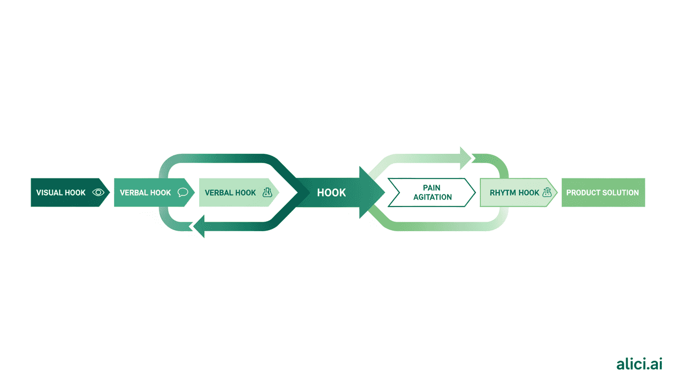 Visual diagram showing the three-part UGC hook system: visual disruption, verbal promise, and rhythm