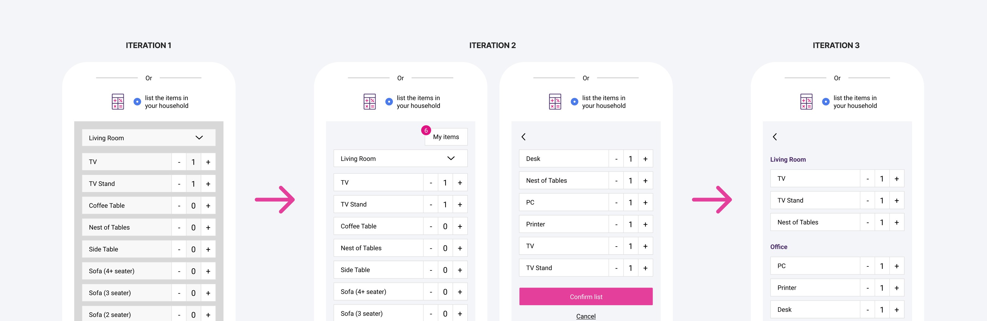 Multiple mobile screens showing the change between iteration 1, 2 and 3.