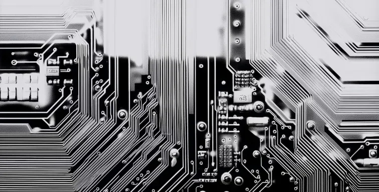 Monochromatic close-up of a circuit board with intricate pathways and components, showcasing the precision of electronic design.