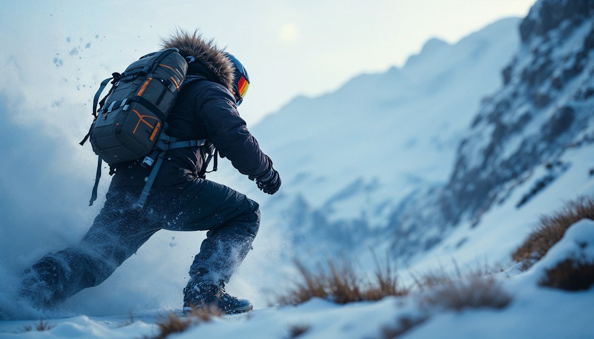 Snowboarder overlooking a mountain valley, showcasing the RYDE Snowboards limited-edition board inspired by Patagonian landscapes.