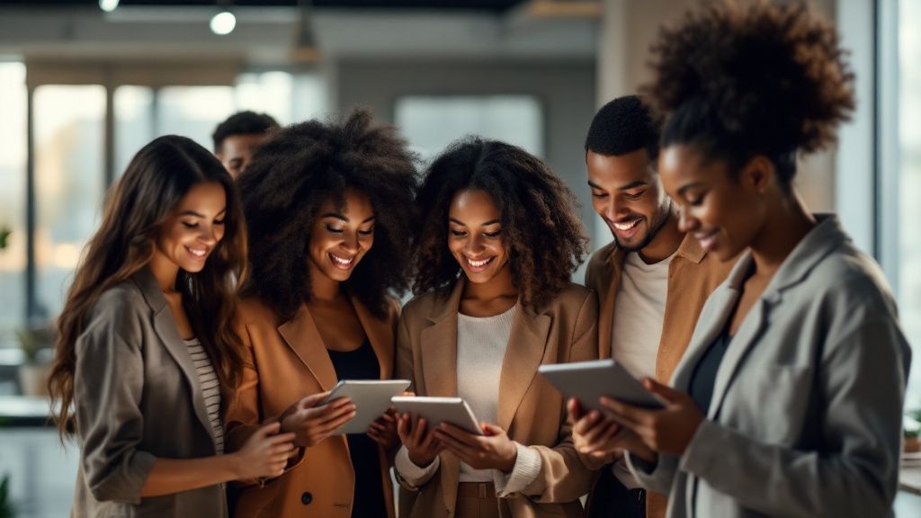Group of young professionals smiling and interacting with digital tablets in a modern, well-lit office setting