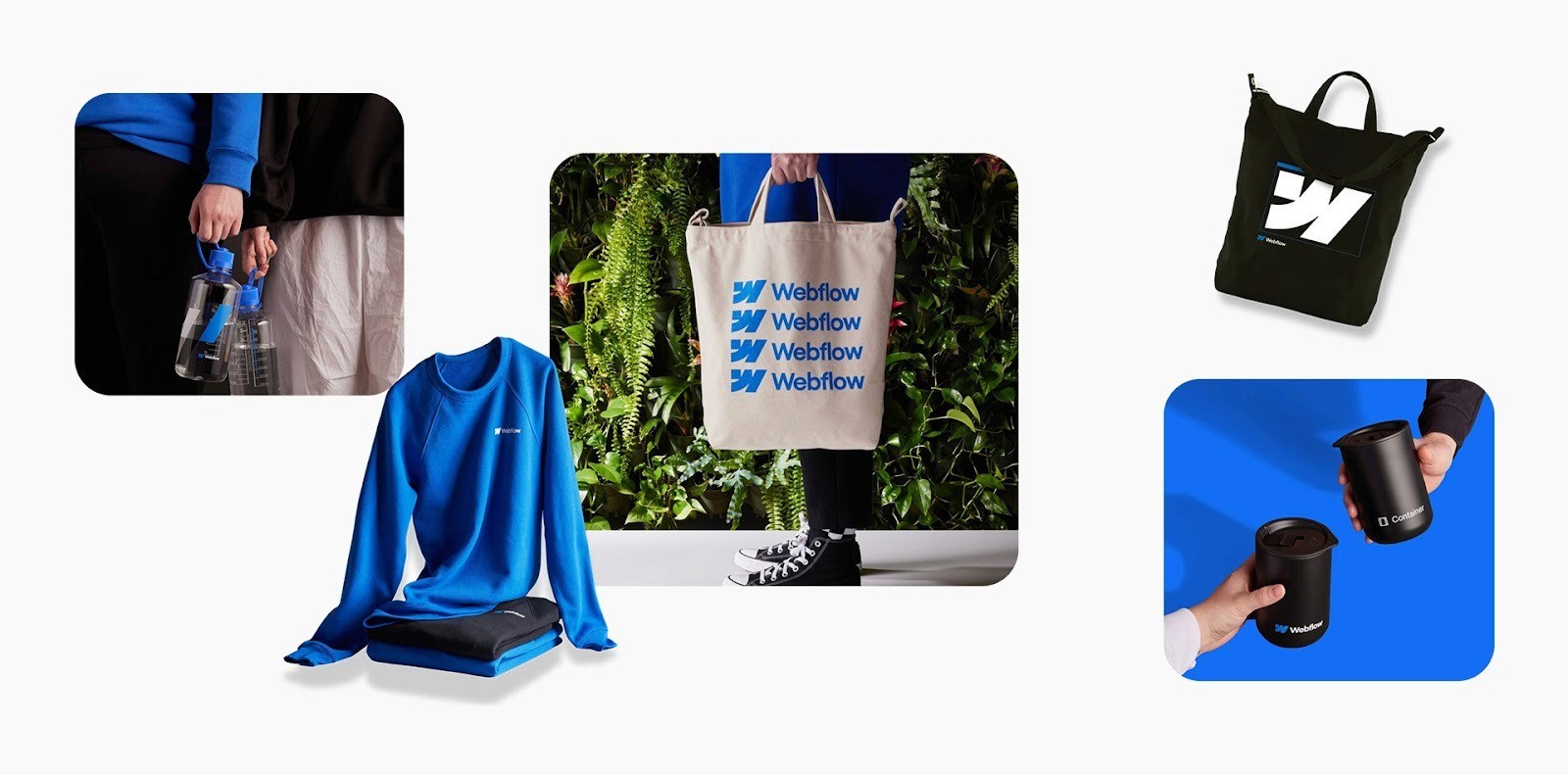 Collage displaying Webflow merch-branded items: water bottles, a sweatshirt, a tote bag, a backpack, and insulated drink containers.