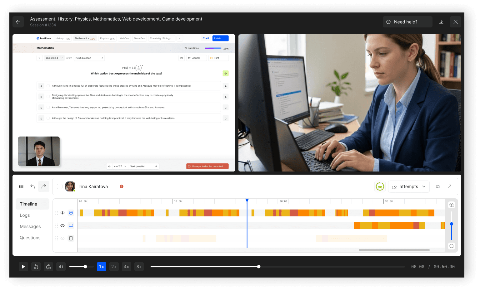 Illustrative TrustExam interface: screen, camera and event timeline
