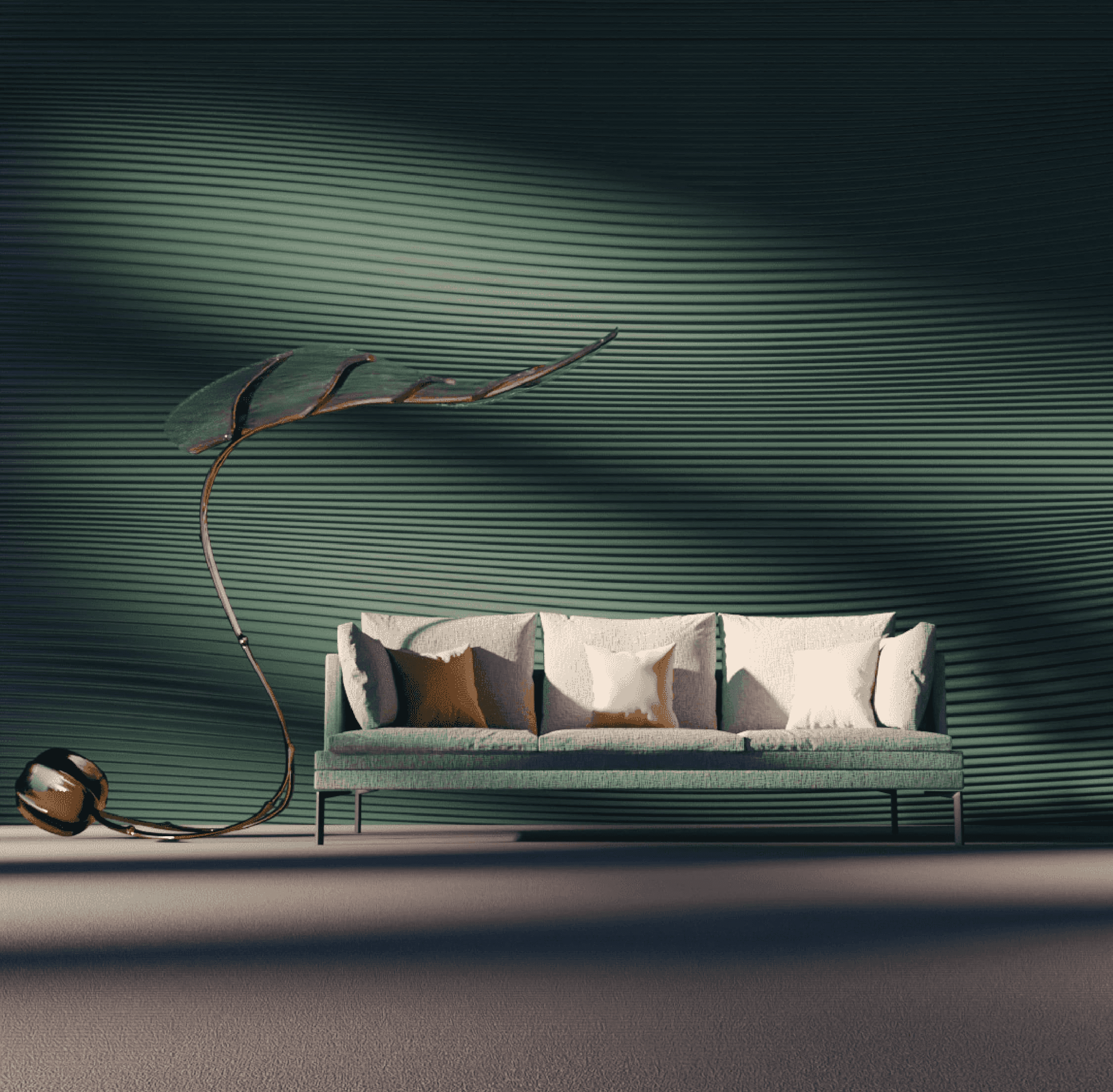 Sculptural bronze designer floor lamp beside a minimalist sofa against a textured green architectural wall in a refined contemporary living space.