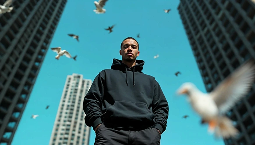 porait of a young man in a hoodie standing among sky scrapers and birds in the blue sky