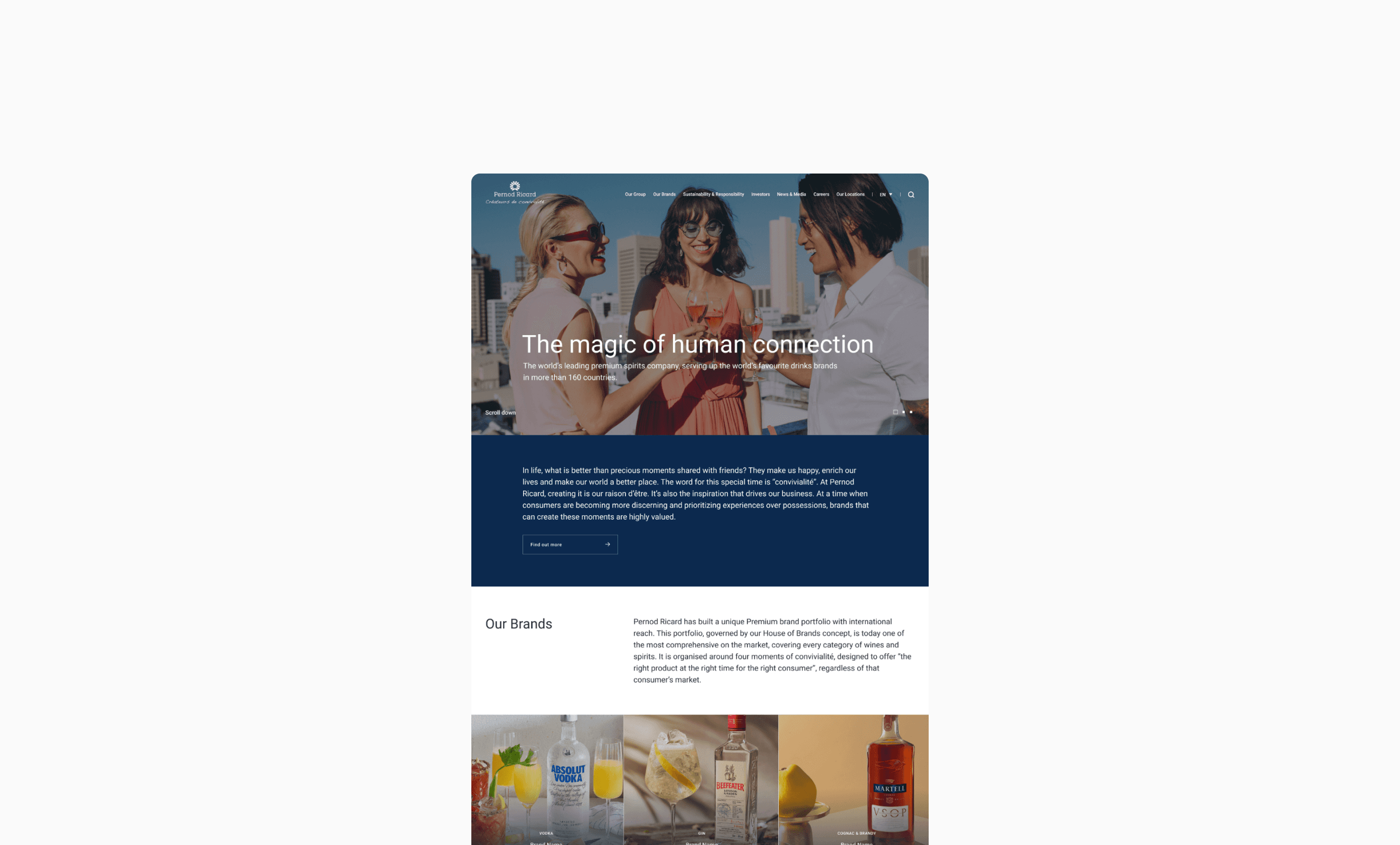 Pernod Ricard UI of the Homepage