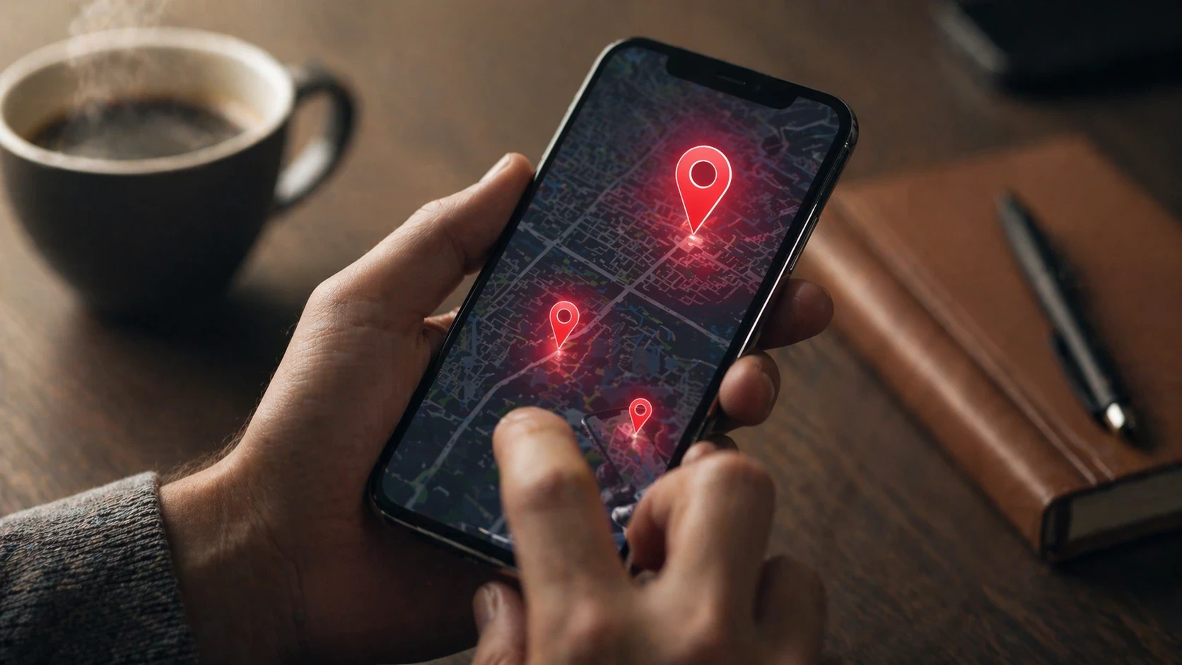 Mão segurando celular com Google Maps aberto mostrando três pins vermelhos de empresas ranqueadas no pacote local
