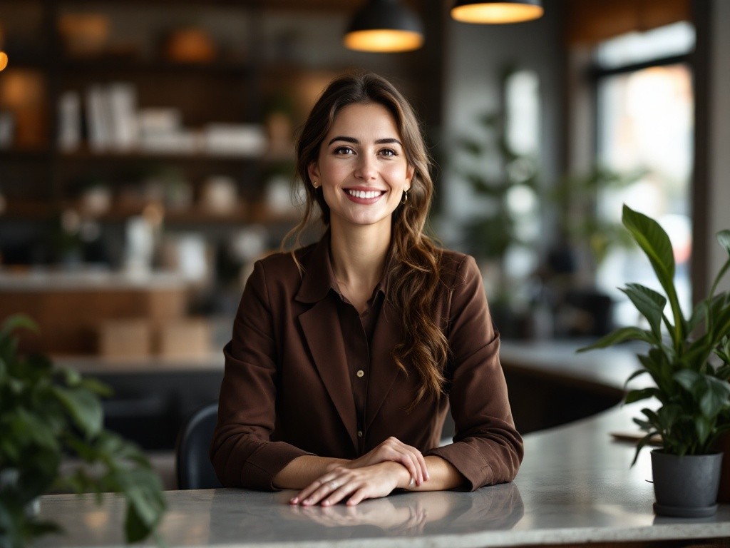 Smiling woman sitting at a table in a cafe