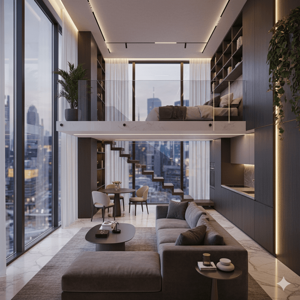 Luxury M3M serviced loft interior, city view, modern design
