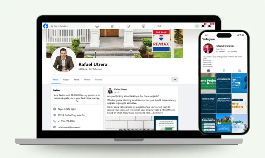 Real estate agent Facebook and Instagram profile marketing across desktop and mobile devices
