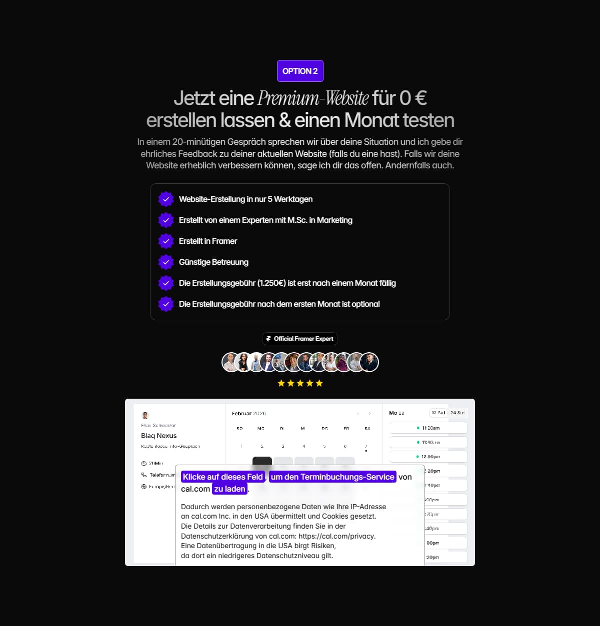ein beispiel für eine Kontaktaufnahme-sektion auf einer website, darkmode