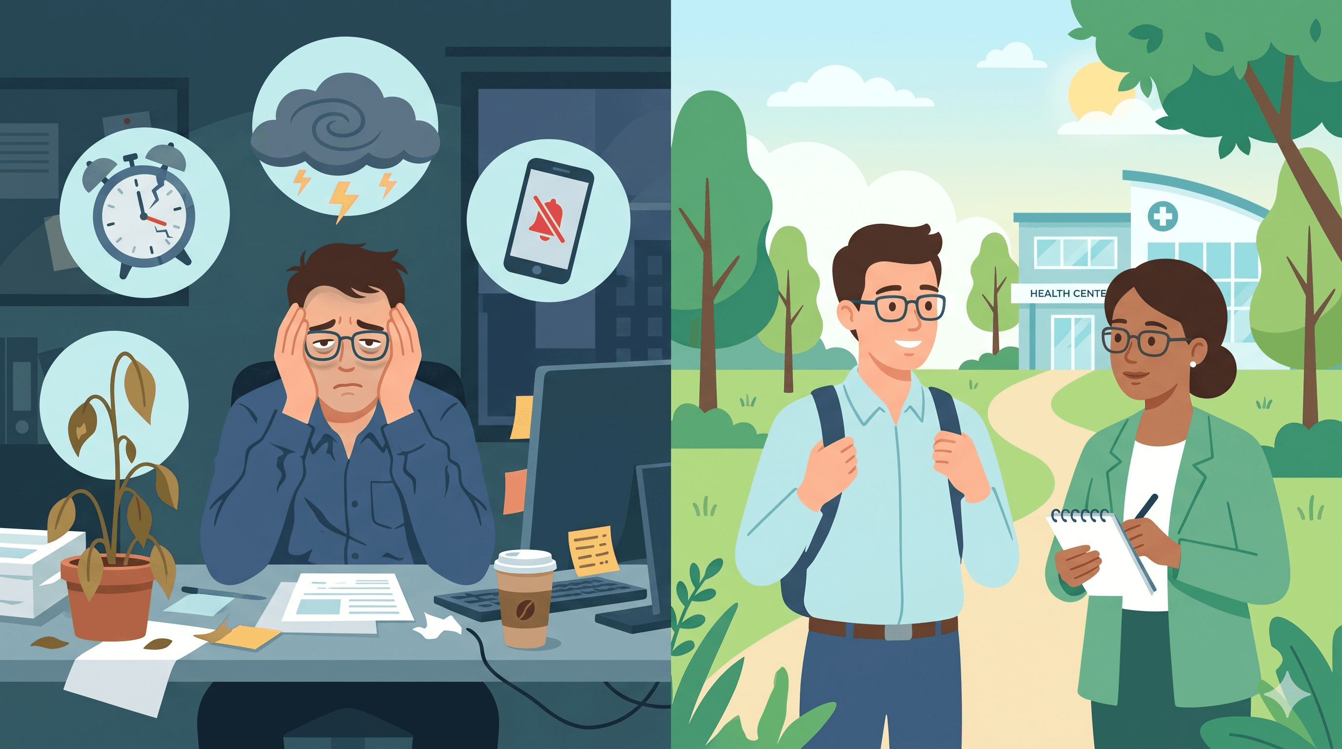 Illustration du burn-out en 2026 : à gauche les symptômes d'épuisement professionnel (insomnie, anxiété, isolement), à droite le salarié accompagné d'un médecin vers la guérison