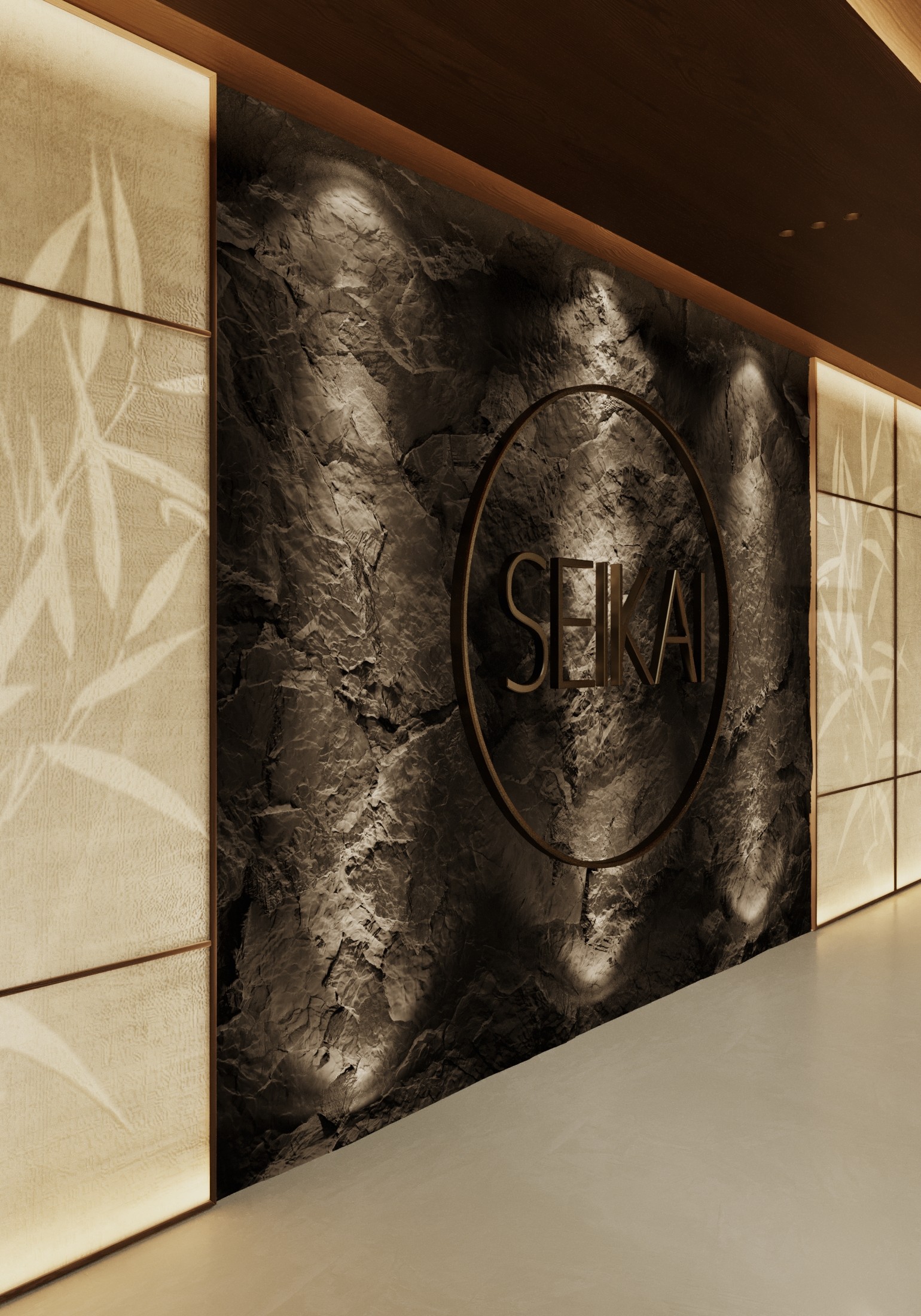 Sekai restaurant sign with bamboo motif panels and dramatic lighting.