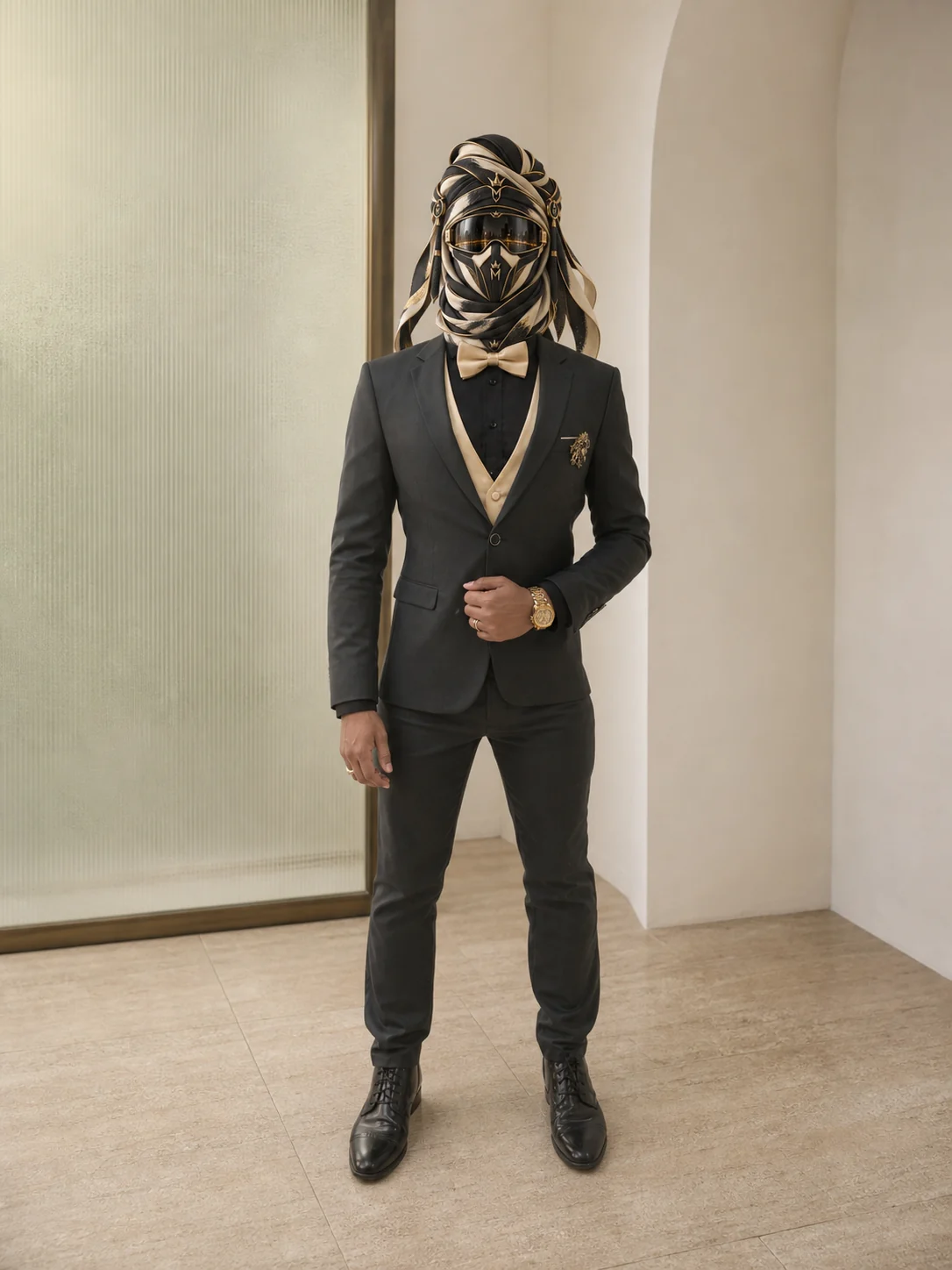 Alternate view of Gold Lapels, showing the same complete outfit from another angle or location, with the official Marzelest face covering.