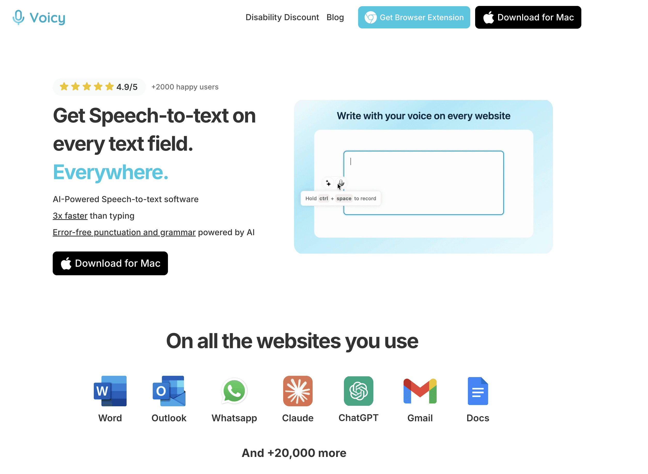 Voicy Speech to Text for Carpal Tunnel Homepage screenshot