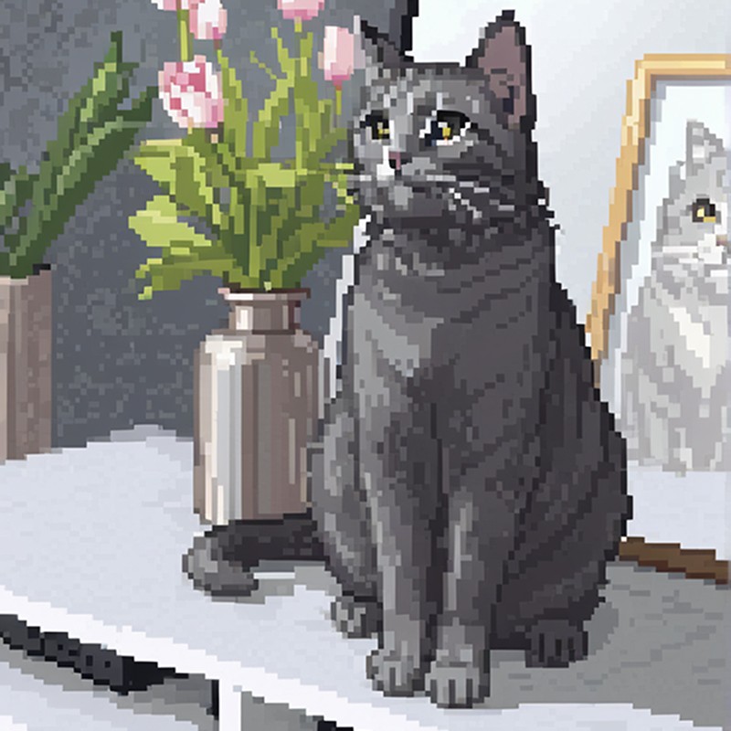 A pixel art image of a gray cat sitting gracefully on a table, with a vase of tulips and a framed portrait of the same cat in the background.