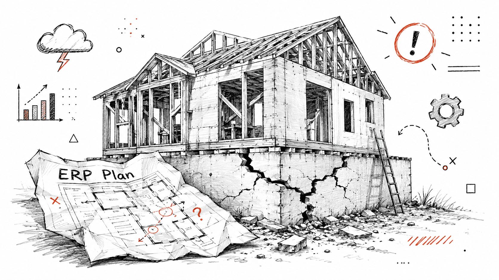 A conceptual illustration of a house under construction showing a cracked foundation and an ERP plan blueprint.