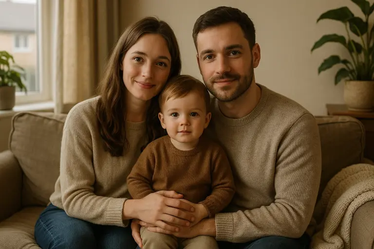 family sitting together on sofa smiling