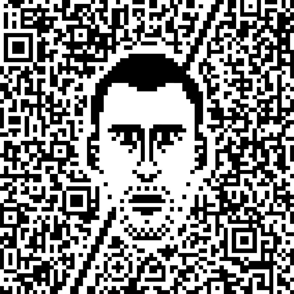 Pixel self portrait with just black and white pixels.
