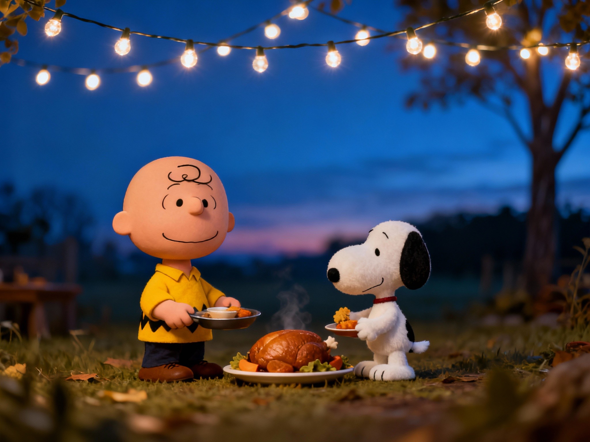 A wide cinematic landscape scene at dusk featuring Charlie Brown and Snoopy preparing a small