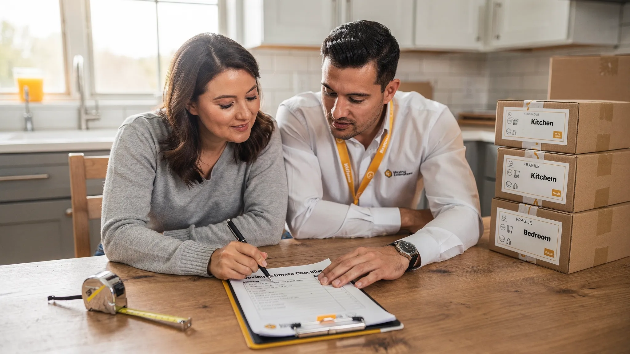 A homeowner and a moving coordinator reviewing a printed moving estimate checklist at a kitchen table, with labeled moving boxes stacked neatly nearby and a tape measure and clipboard on the table.