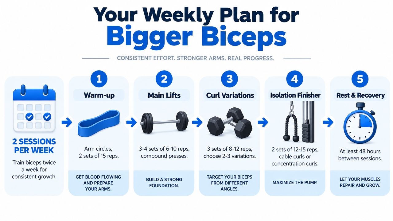 A 5-step weekly workout plan infographic detailing exercises and recovery tips for building bigger biceps.