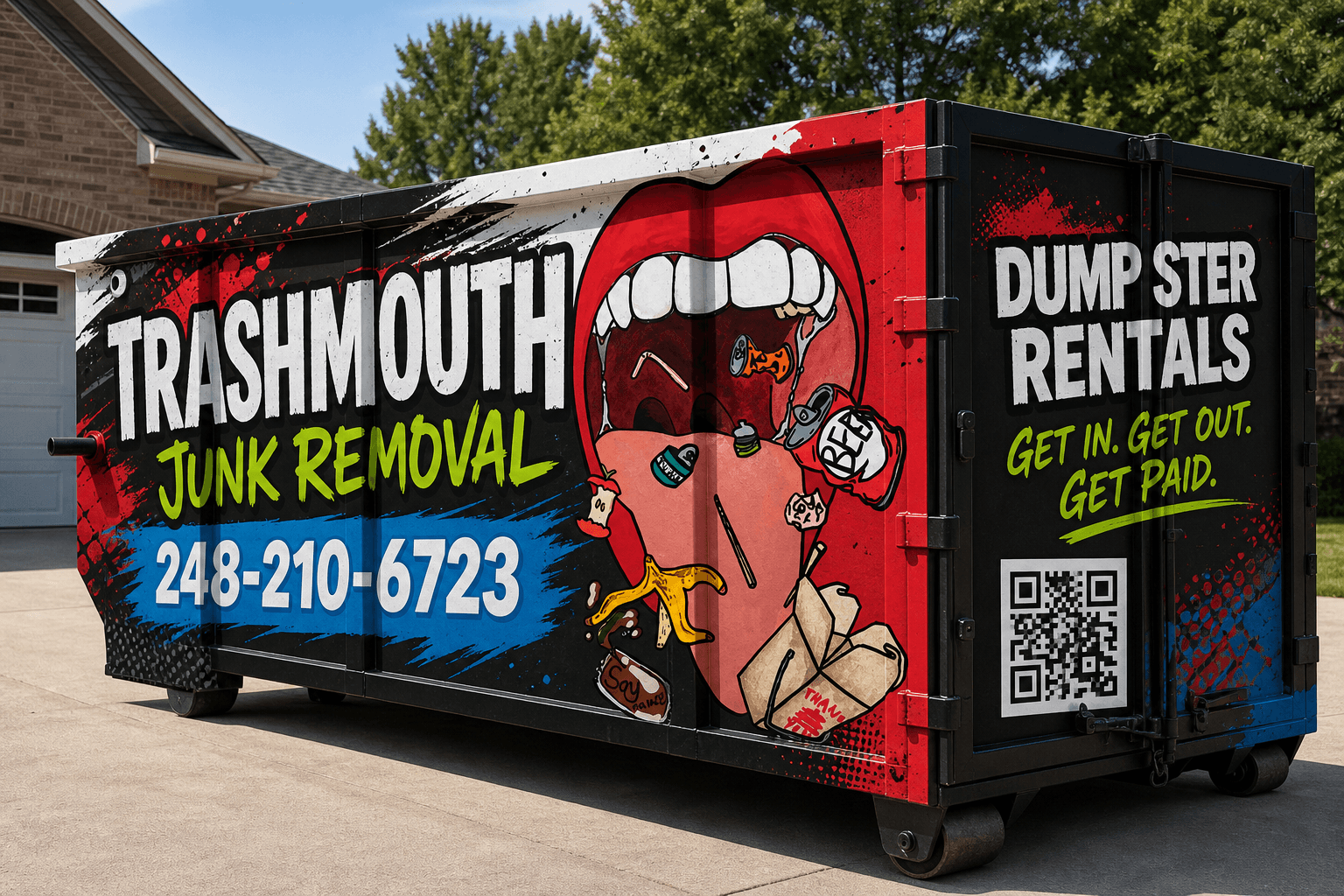 TrashMouth junk removal dumpster with colorful branding and dumpster rental information.