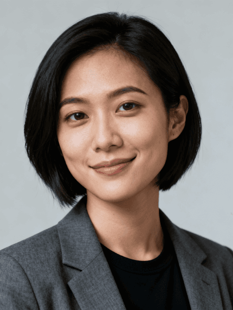 Confident young man with curly hair looking at camera, working on laptop