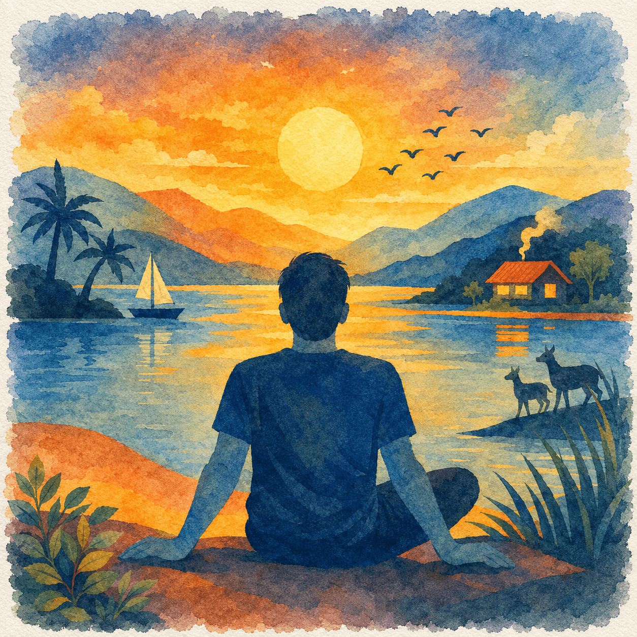 Man sitting calmly looking at sunset over a lake.