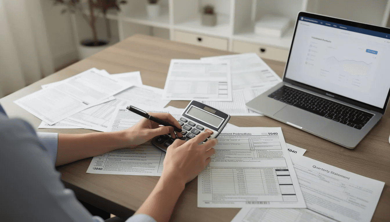 A person is focused on a calculator while surrounded by various tax forms and investment statements, indicating a thorough review of their financial situation. This scene reflects the importance of understanding tax deductions, taxable income, and potential tax savings for effective financial planning.