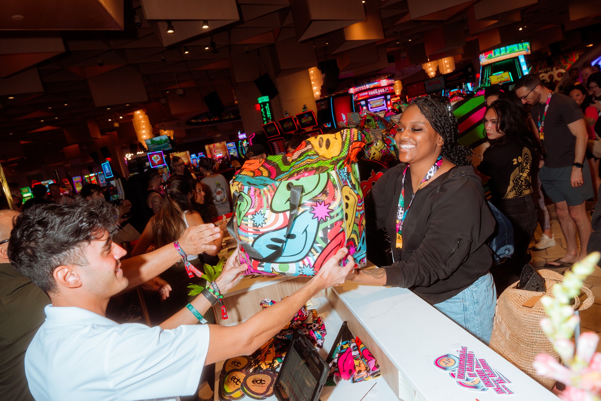Handing out gift bags to guests