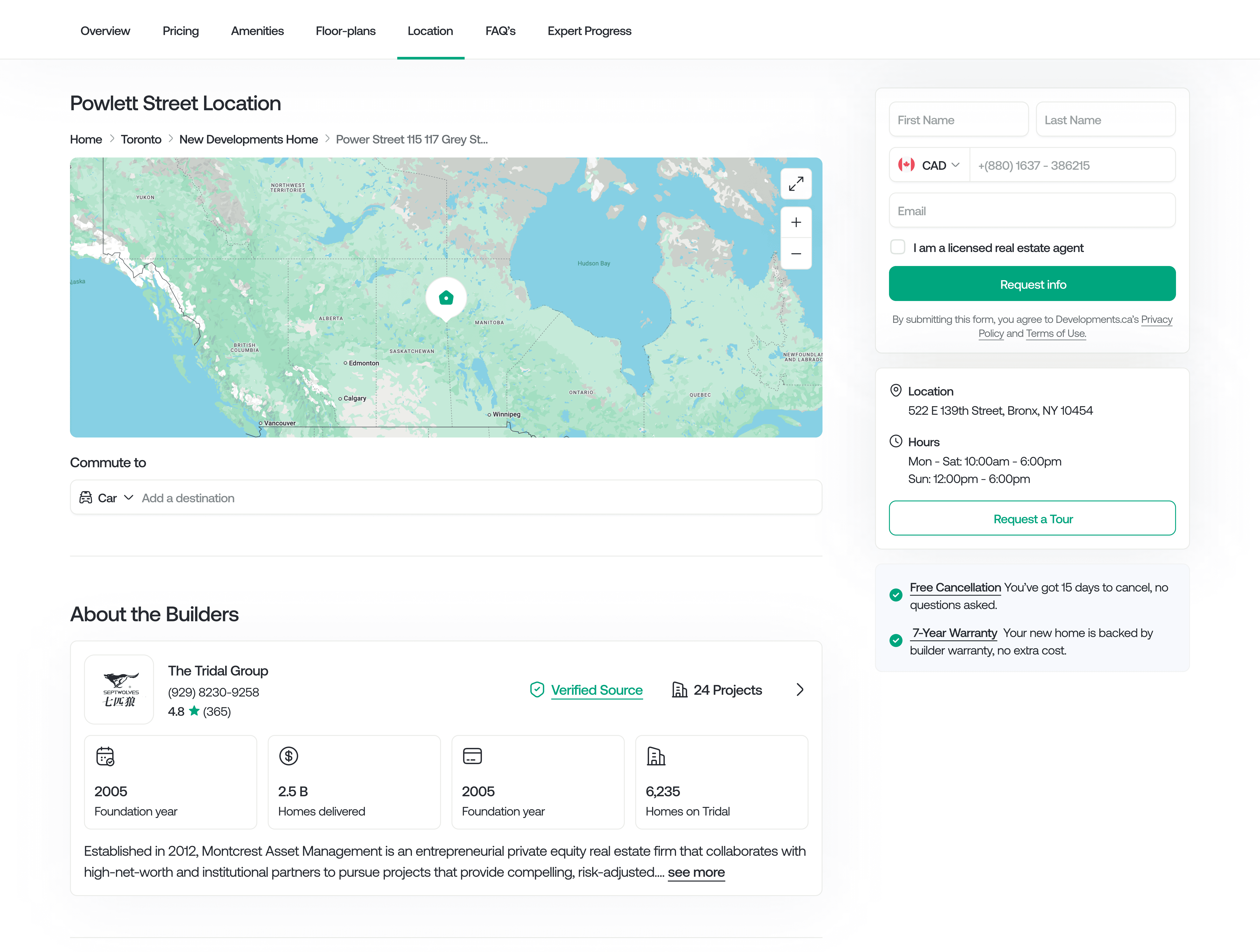 Location section of a pre-construction listing showing interactive map view, commute calculator, builder information, and inquiry form.