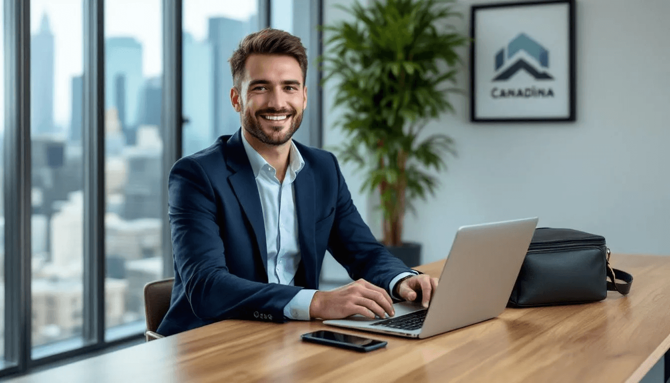 A Canadian business owner is seated in a modern office, working on a laptop while holding a phone, indicating a focus on customer interactions and sales processes. The scene reflects the integration of technology and ai voice agents to streamline operations and enhance the customer experience.