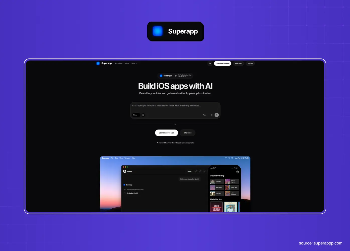 Dark-themed Superapp homepage promoting AI-powered iOS app development, with a central prompt field and app interface preview. 