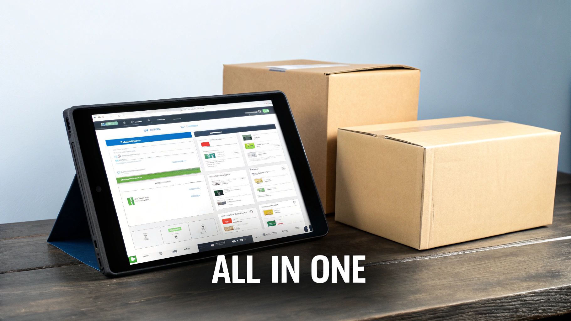 A streamlined dashboard on a laptop showing a unified ecommerce platform with analytics and product management tools.
