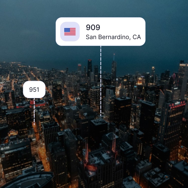 City skyline of San Bernardino showing the 909 area code and surrounding area codes